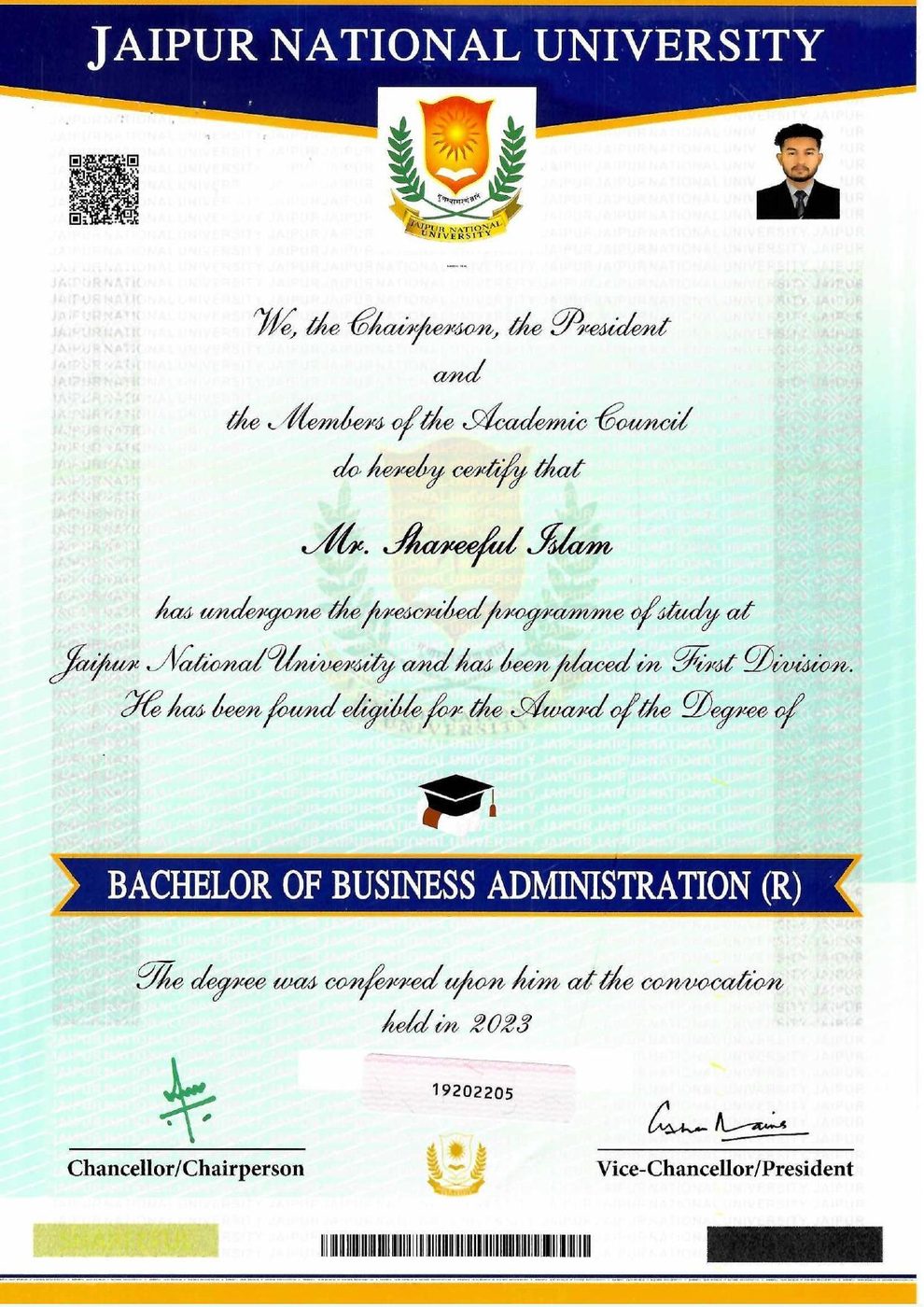 Bachelor of Business Administration degree certificate