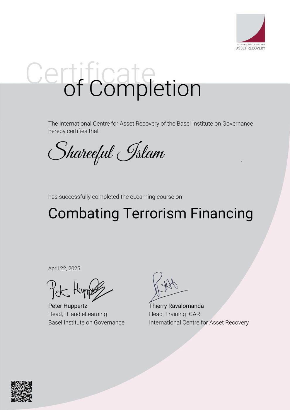 Combating Terrorism Financing certificate