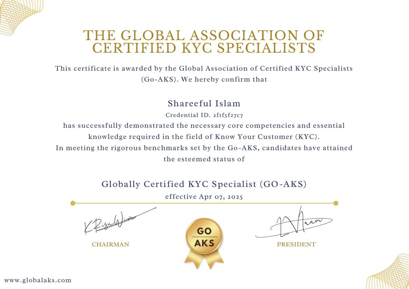 Globally Certified KYC Specialist (GO-AKS) certificate